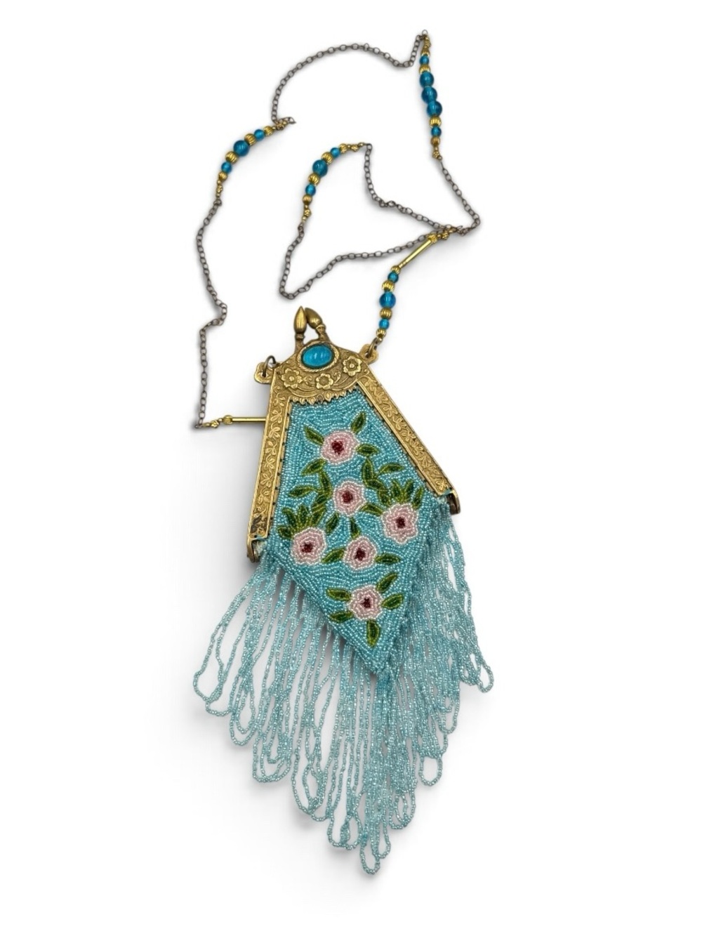 Vintage 1970s India Glass Micro Beaded Floral Fringe Purse Handbag Mirror